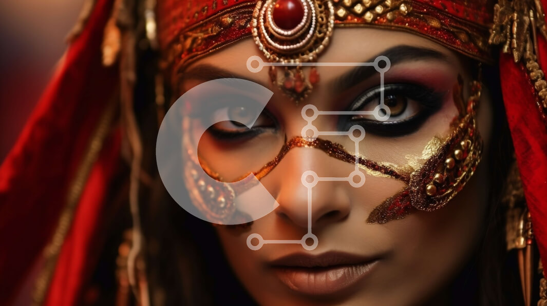 Intra Συλλεκτικό Ξύλινο Παζλ Plywood  4mm - Εκπληκτική γυναίκα με κόκκινο και χρυσό κοστούμι με περίτεχνο μακιγιάζ και κοσμήματα Σε Ξύλινο Κουτί - Διαστάσεις Puzzle: 10x10 cm – 25 κομμάτια