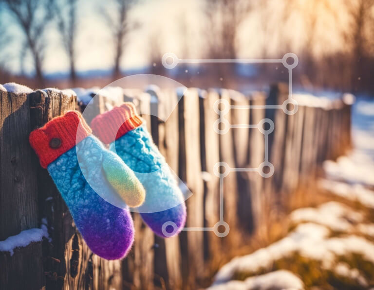 Intra Συλλεκτικό Ξύλινο Παζλ Plywood  4mm - Πολύχρωμα γάντια που κρέμονται στον ξύλινο φράκτη στο χιόνι Σε Ξύλινο Κουτί - Διαστάσεις Puzzle: 10x10 cm – 25 κομμάτια