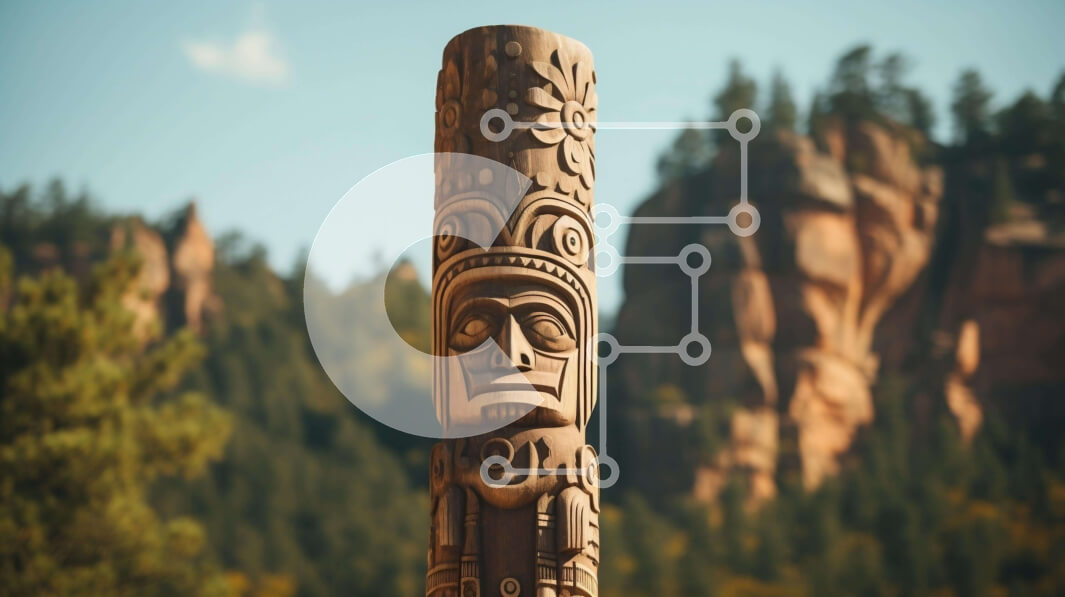 Intra Συλλεκτικό Ξύλινο Παζλ Plywood  4mm - Πόλος τοτέμ με πρόσωπα, δέντρα και βουνά ιθαγενών Αμερικανών Σε Ξύλινο Κουτί - Διαστάσεις Puzzle: 10x10 cm – 25 κομμάτια