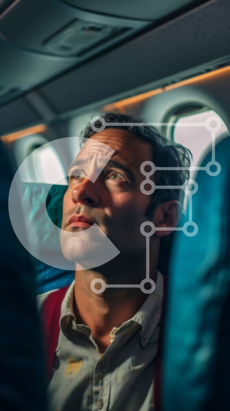 Intra Συλλεκτικό Ξύλινο Παζλ Plywood  4mm - Άτομο που κάθεται στο αεροπλάνο κοιτάζοντας έξω από το παράθυρο με στοχαστική έκφραση Σε Ξύλινο Κουτί - Διαστάσεις Puzzle: 10x10 cm – 25 κομμάτια