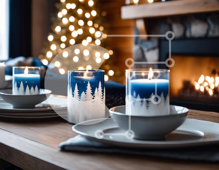 Σετ των 2 Intra Συλλεκτικό Ξύλινο Παζλ Plywood  4mm - Τραπεζαρία με Κηροπήγια και Μπλε Κεριά Σε Ξύλινο Κουτί - Διαστάσεις: 10x10 cm – 25 κομμάτια