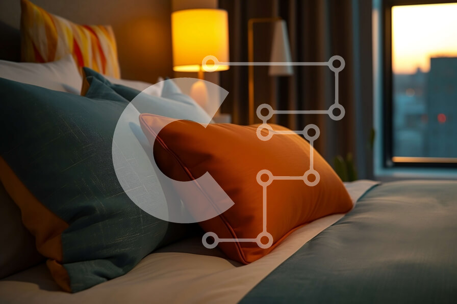 Intra Συλλεκτικό Ξύλινο Παζλ Plywood  4mm - Άνετο και πολύχρωμο υπνοδωμάτιο με πορτοκαλί και μπλε μαξιλάρια Σε Ξύλινο Κουτί - Διαστάσεις Puzzle: 10x10 cm – 25 κομμάτια