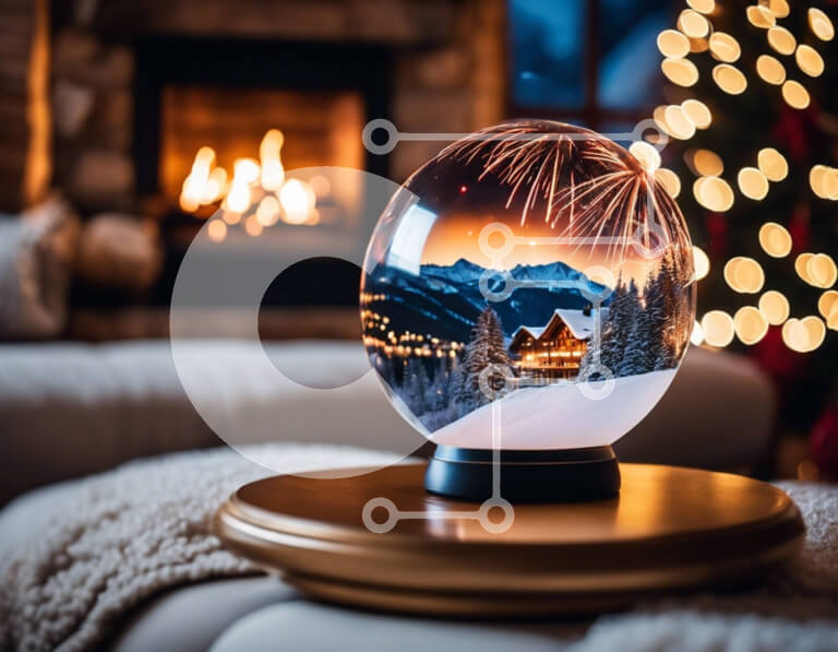 Intra Συλλεκτικό Ξύλινο Παζλ Plywood  4mm - Σφαίρα χιονιού στο διακοσμητικό ξύλινο τραπέζι Σε Ξύλινο Κουτί - Διαστάσεις Puzzle: 10x10 cm – 25 κομμάτια