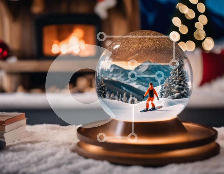 Intra Συλλεκτικό Ξύλινο Παζλ Plywood  4mm - Χειμερινή σφαίρα χιονιού με σκιέρ και τζάκι Σε Ξύλινο Κουτί - Διαστάσεις Puzzle: 10x10 cm – 25 κομμάτια