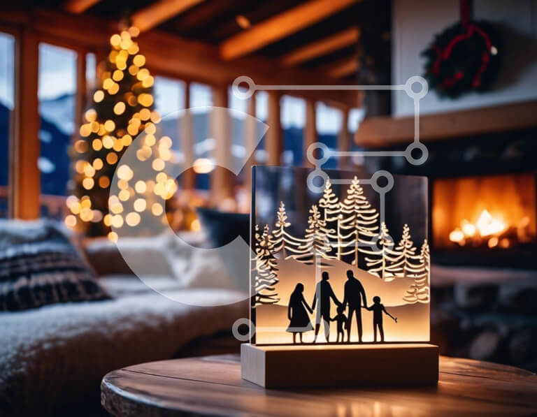 Intra Συλλεκτικό Ξύλινο Παζλ Plywood  4mm - Οικογενειακή σιλουέτα μπροστά από τα χιονισμένα δέντρα Σε Ξύλινο Κουτί - Διαστάσεις Puzzle: 10x10 cm – 25 κομμάτια