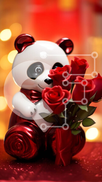 Intra Συλλεκτικό Ξύλινο Παζλ Plywood  4mm - Λευκό και κόκκινο ειδώλιο αρκούδας Panda με τριαντάφυλλα Σε Ξύλινο Κουτί - Διαστάσεις: 10x10 cm – 25 κομμάτια