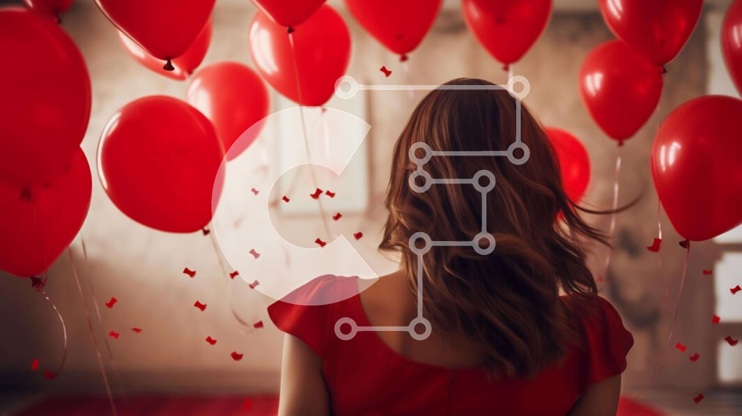 Intra Συλλεκτικό Ξύλινο Παζλ Plywood  4mm - Γυναίκα με κομψό κόκκινο φόρεμα με κόκκινα μπαλόνια Σε Ξύλινο Κουτί - Διαστάσεις: 10x10 cm – 25 κομμάτια