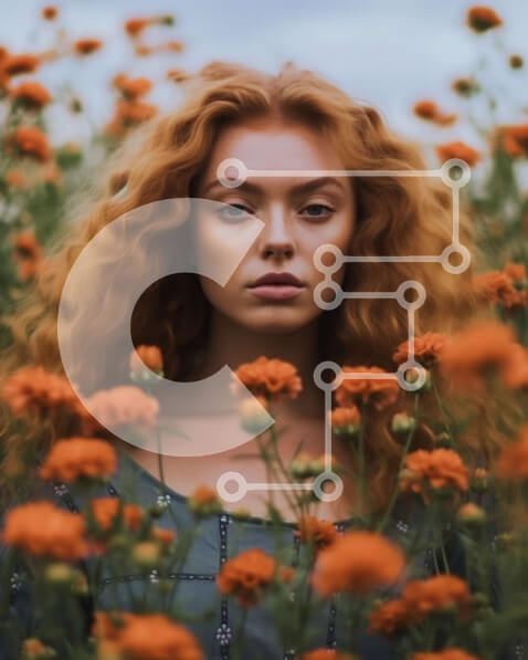 Intra Συλλεκτικό Ξύλινο Παζλ Plywood  4mm - Σοβαρή γυναίκα με μακριά κόκκινα μαλλιά στο πεδίο των πορτοκαλί λουλουδιών Σε Ξύλινο Κουτί - Διαστάσεις Puzzle: 10x10 cm – 25 κομμάτια