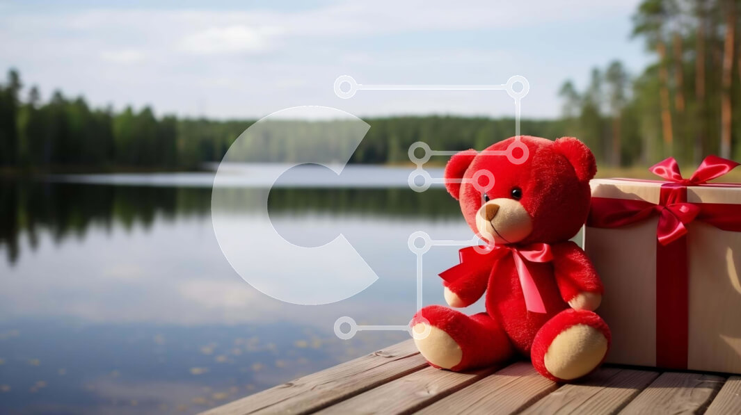 Intra Συλλεκτικό Ξύλινο Παζλ Plywood  4mm - Κόκκινο αρκουδάκι στην αποβάθρα με ανοιχτό κουτί δώρου Σε Ξύλινο Κουτί - Διαστάσεις: 10x10 cm – 25 κομμάτια