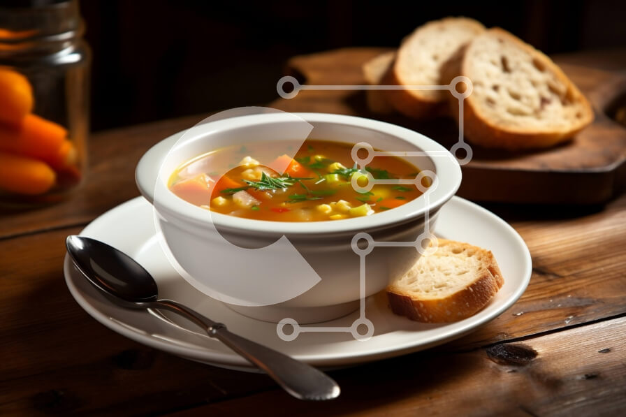 Σετ των 2 Intra Συλλεκτικό Ξύλινο Παζλ Plywood  4mm - Νόστιμη εικόνα της σούπας με φρέσκα λαχανικά και ψωμί σε ένα τραπέζι Σε Ξύλινο Κουτί - Διαστάσεις: 10x10 cm – 25 κομμάτια