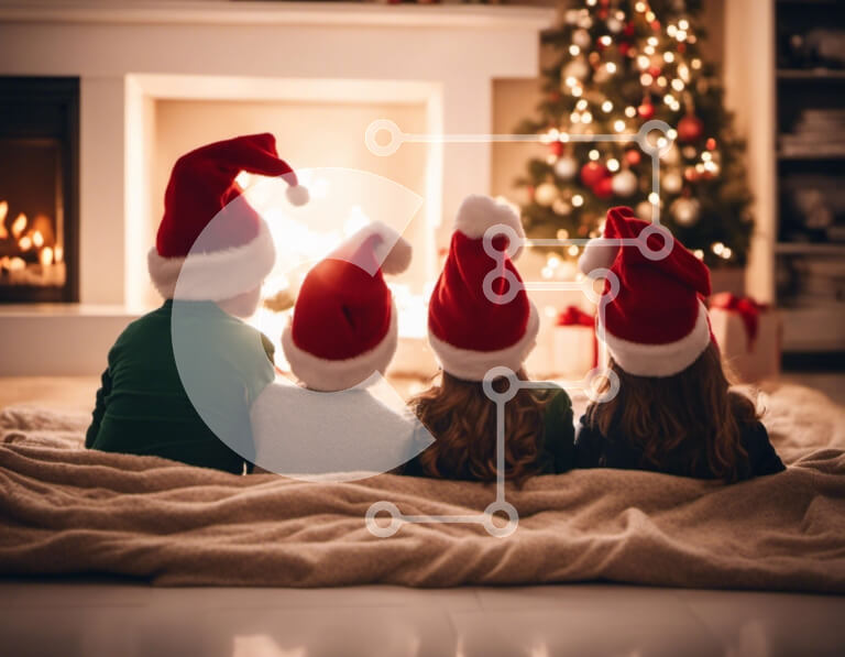 Intra Συλλεκτικό Ξύλινο Παζλ Plywood  4mm - Τρία παιδιά με καπέλα Άγιου Βασίλη δίπλα στο τζάκι Σε Ξύλινο Κουτί - Διαστάσεις: 10x10 cm – 25 κομμάτια