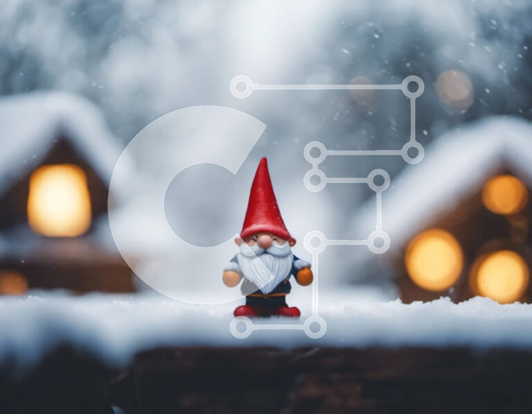 Intra Συλλεκτικό Ξύλινο Παζλ Plywood  4mm - Red Gnome στο χιόνι με σπίτια στο φόντο Σε Ξύλινο Κουτί - Διαστάσεις Puzzle: 10x10 cm – 25 κομμάτια