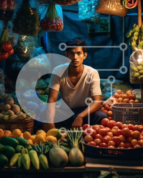 Intra Συλλεκτικό Ξύλινο Παζλ Plywood  4mm - Σοβαρός άνδρας σε πάγκο αγοράς με φρούτα και λαχανικά που εμφανίζονται Σε Ξύλινο Κουτί - Διαστάσεις Puzzle: 10x10 cm – 25 κομμάτια