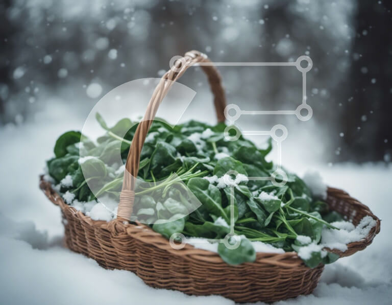 Intra Συλλεκτικό Ξύλινο Παζλ Plywood  4mm - Ψάθινο καλάθι με φρέσκο ​​σπανάκι στο Snowy Woods Σε Ξύλινο Κουτί - Διαστάσεις: 10x10 cm – 25 κομμάτια