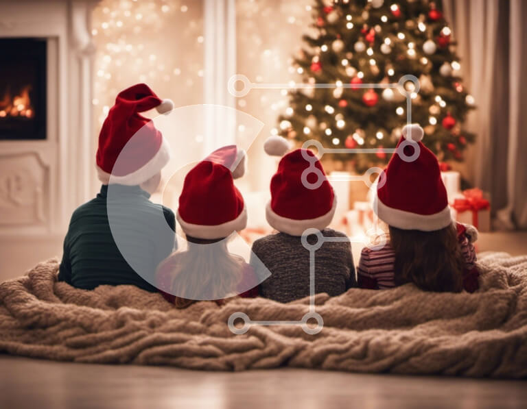 Intra Συλλεκτικό Ξύλινο Παζλ Plywood  4mm - Παιδιά που κάθονται μπροστά από το χριστουγεννιάτικο δέντρο με τα καπέλα του Άγιου Βασίλη Σε Ξύλινο Κουτί - Διαστάσεις: 10x10 cm – 25 κομμάτια