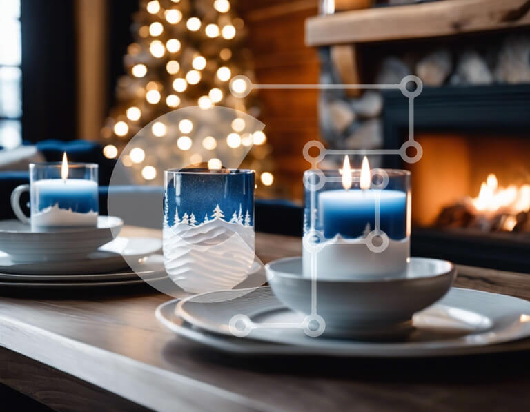 Σετ των 2 Intra Συλλεκτικό Ξύλινο Παζλ Plywood  4mm - Εορταστική τραπεζαρία με μπλε κηροπήγια και πιάτα Σε Ξύλινο Κουτί - Διαστάσεις: 10x10 cm – 25 κομμάτια