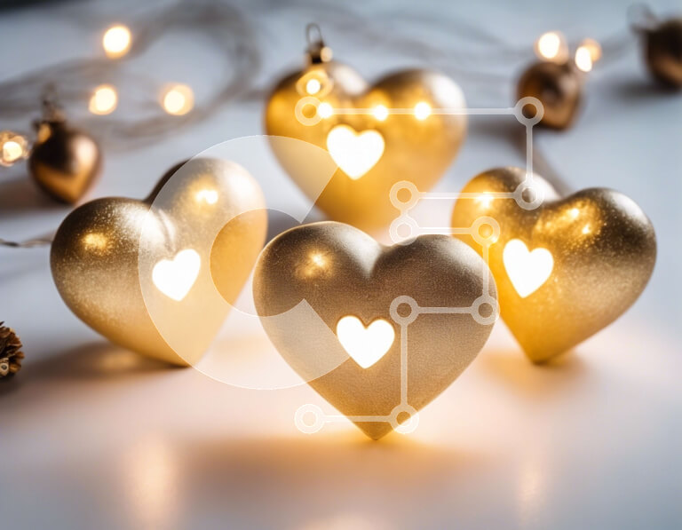 Intra Συλλεκτικό Ξύλινο Παζλ Plywood  4mm - Χρυσά στολίδια σε σχήμα καρδιάς σε λευκό τραπέζι Σε Ξύλινο Κουτί - Διαστάσεις Puzzle: 10x10 cm – 25 κομμάτια