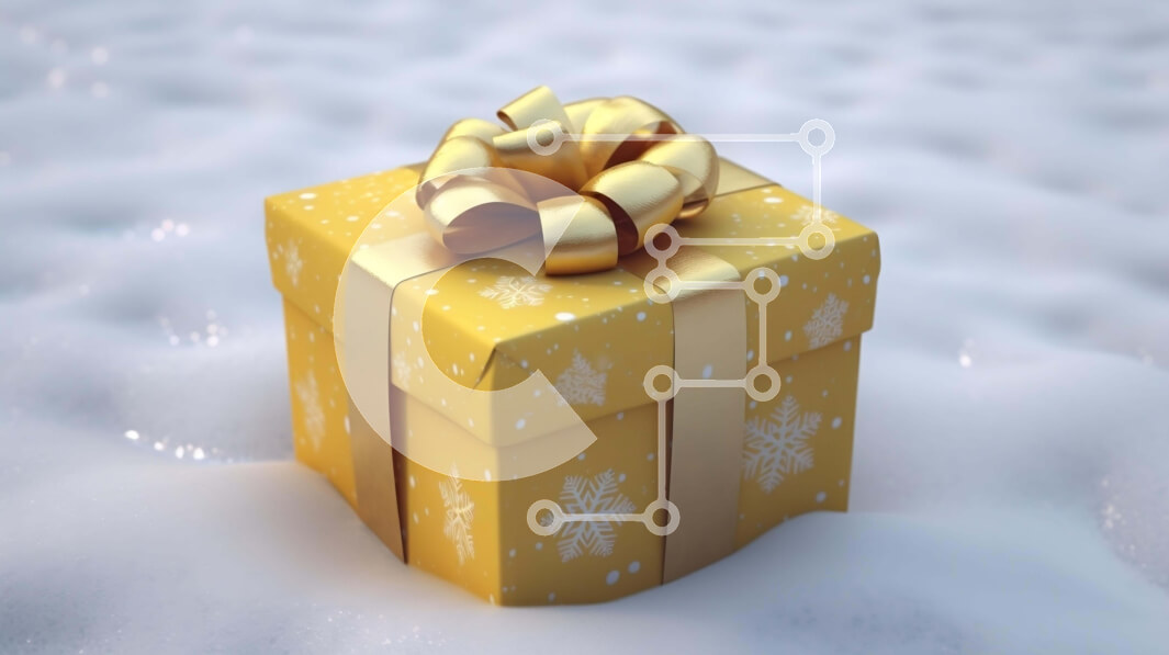 Intra Συλλεκτικό Ξύλινο Παζλ Plywood  4mm - Κίτρινο κουτί δώρου στο χιόνι με χρυσές κορδέλες και νιφάδες χιονιού Σε Ξύλινο Κουτί - Διαστάσεις Puzzle: 10x10 cm – 25 κομμάτια