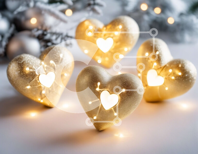 Intra Συλλεκτικό Ξύλινο Παζλ Plywood  4mm - Χρυσά στολίδια καρδιάς με φωτάκια σε λευκή επιφάνεια Σε Ξύλινο Κουτί - Διαστάσεις Puzzle: 10x10 cm – 25 κομμάτια