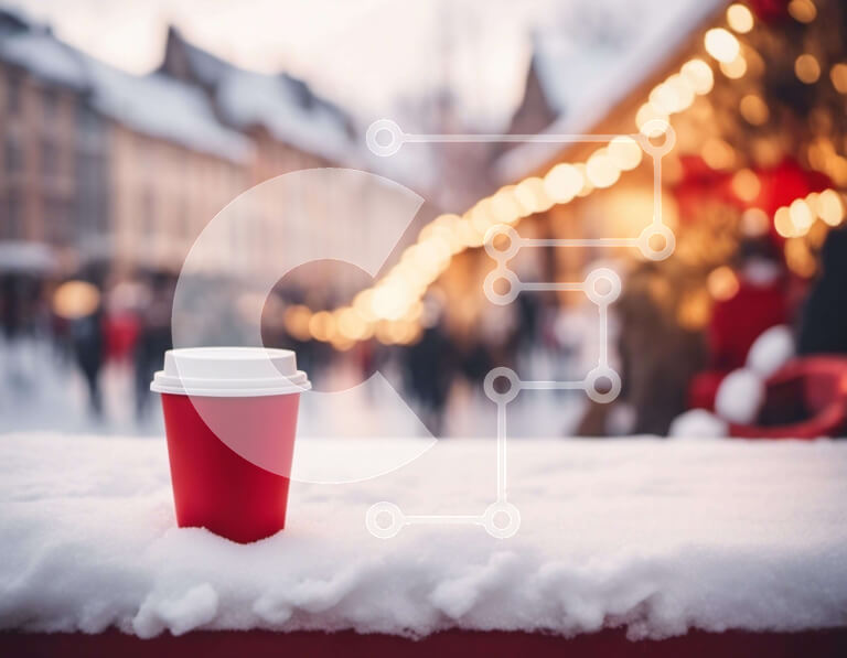 Intra Συλλεκτικό Ξύλινο Παζλ Plywood  4mm - Κόκκινο φλιτζάνι καφέ στο χιονισμένο έδαφος Σε Ξύλινο Κουτί - Διαστάσεις Puzzle: 10x10 cm – 25 κομμάτια