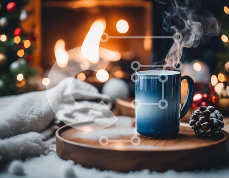 Intra Συλλεκτικό Ξύλινο Παζλ Plywood  4mm - Μπλε κούπα καφέ με ατμό μπροστά στο τζάκι Σε Ξύλινο Κουτί - Διαστάσεις Puzzle: 10x10 cm – 25 κομμάτια