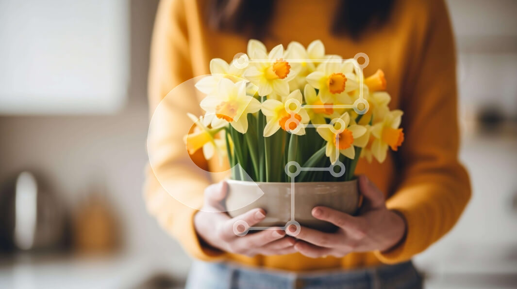 Intra Συλλεκτικό Ξύλινο Παζλ Plywood  4mm - Ζωντανοί κίτρινοι νάρκισσοι που κρατούνται από γυναίκα Σε Ξύλινο Κουτί - Διαστάσεις: 10x10 cm – 25 κομμάτια