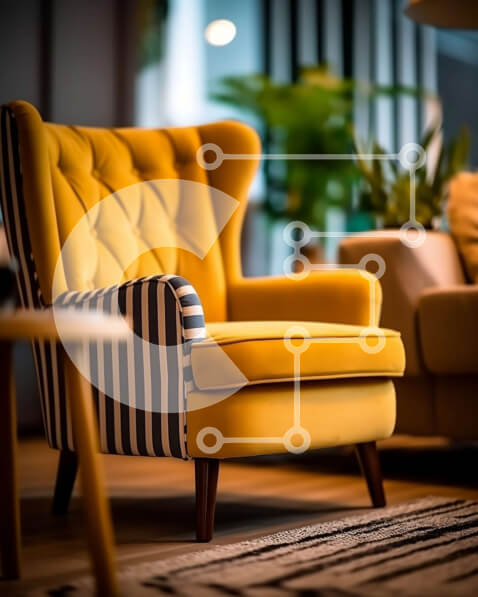 Intra Συλλεκτικό Ξύλινο Παζλ Plywood  4mm - Κομψή κίτρινη πολυθρόνα σε μοντέρνο σαλόνι με ριγέ ταπετσαρία Σε Ξύλινο Κουτί - Διαστάσεις Puzzle: 10x10 cm – 25 κομμάτια