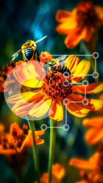 Σετ των 2 Intra Συλλεκτικό Ξύλινο Παζλ Plywood  4mm - Ζωντανοί αγριομέλισσες σε ένα εκπληκτικό πορτοκαλί λουλούδι Σε Ξύλινο Κουτί - Διαστάσεις: 10x10 cm – 25 κομμάτια