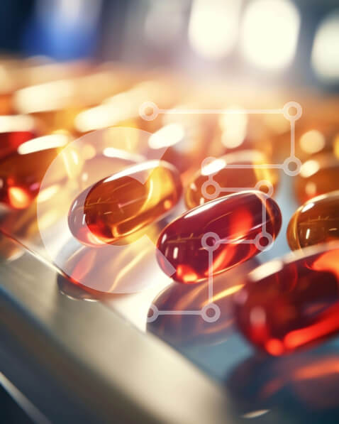 Intra Συλλεκτικό Ξύλινο Παζλ Plywood  4mm - Πορτοκαλί κάψουλες χαπιών σε ιμάντα μεταφοράς Σε Ξύλινο Κουτί - Διαστάσεις Puzzle: 10x10 cm – 25 κομμάτια