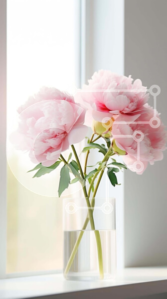 Σετ των 2 Intra Συλλεκτικό Ξύλινο Παζλ Plywood  4mm - Τρεις ροζ παιώνιες σε ένα διάφανο βάζο σε ένα περβάζι παραθύρου Σε Ξύλινο Κουτί - Διαστάσεις: 10x10 cm – 25 κομμάτια