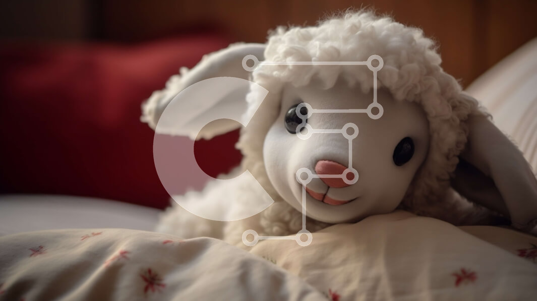 Intra Συλλεκτικό Ξύλινο Παζλ Plywood  4mm - Χαμογελώντας λευκό γεμιστό αρνί σε ένα κρεβάτι Σε Ξύλινο Κουτί - Διαστάσεις Puzzle: 10x10 cm – 25 κομμάτια