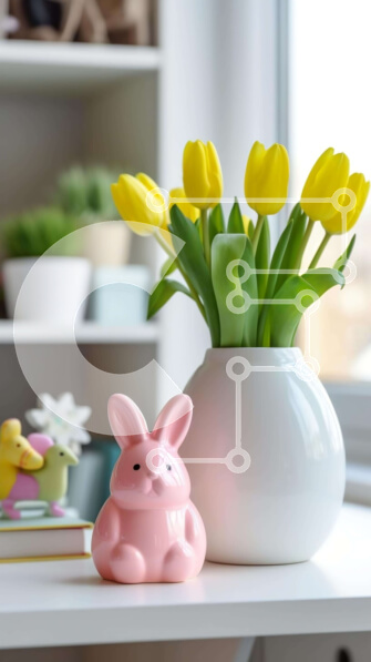 Σετ των 2 Intra Συλλεκτικό Ξύλινο Παζλ Plywood  4mm - Ροζ κουνελάκι με τουλίπες και κίτρινα λουλούδια Σε Ξύλινο Κουτί - Διαστάσεις: 10x10 cm – 25 κομμάτια