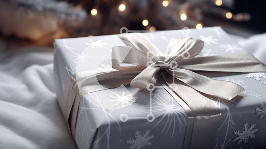 Intra Συλλεκτικό Ξύλινο Παζλ Plywood  4mm - Ασημένιο κουτί δώρου με λευκή κορδέλα και νιφάδες χιονιού Σε Ξύλινο Κουτί - Διαστάσεις: 10x10 cm – 25 κομμάτια