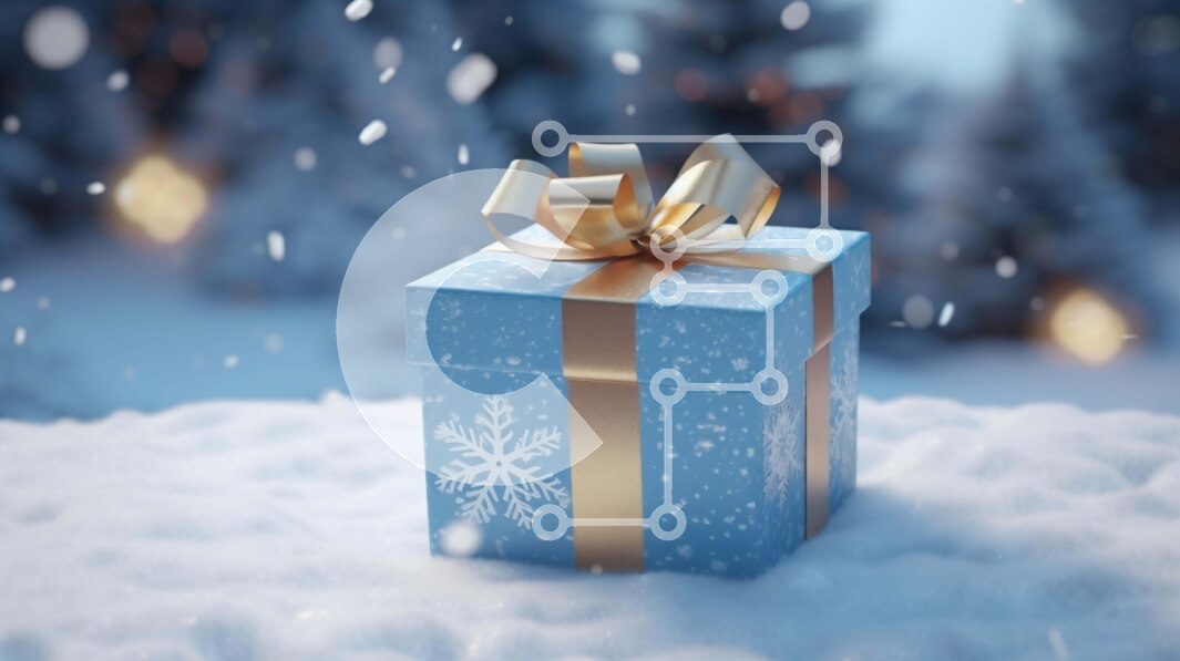 Intra Συλλεκτικό Ξύλινο Παζλ Plywood  4mm - Μπλε κουτί δώρου με χρυσές κορδέλες και νιφάδες χιονιού Σε Ξύλινο Κουτί - Διαστάσεις: 10x10 cm – 25 κομμάτια