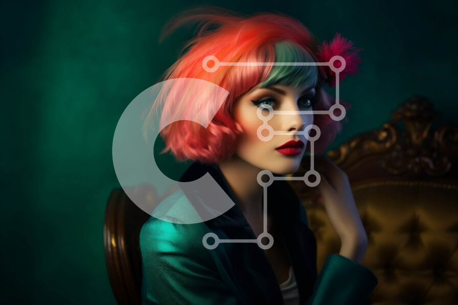 Intra Συλλεκτικό Ξύλινο Παζλ Plywood  4mm - Σοβαρή γυναίκα με ροζ μαλλιά και πολύχρωμη στολή κάθεται στην καρέκλα Σε Ξύλινο Κουτί - Διαστάσεις Puzzle: 10x10 cm – 25 κομμάτια