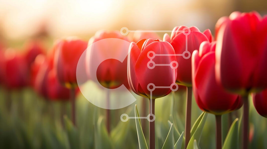 Intra Συλλεκτικό Ξύλινο Παζλ Plywood  4mm - Ανθισμένες κόκκινες τουλίπες με έντονο φως του ήλιου Σε Ξύλινο Κουτί - Διαστάσεις: 10x10 cm – 25 κομμάτια