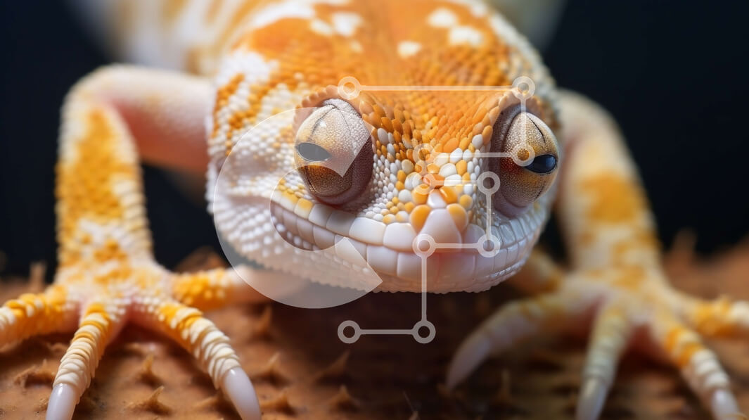 Intra Συλλεκτικό Ξύλινο Παζλ Plywood  4mm - Κοντινό πλάνο του προσώπου της σαύρας Gecko με λευκές και κίτρινες ρίγες Σε Ξύλινο Κουτί - Διαστάσεις: 10x10 cm – 25 κομμάτια