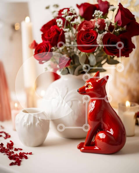 Intra Συλλεκτικό Ξύλινο Παζλ Plywood  4mm - Ρομαντική γιορτή του Αγίου Βαλεντίνου με ειδώλιο κόκκινης αλεπούς και τριαντάφυλλα Σε Ξύλινο Κουτί - Διαστάσεις: 10x10 cm – 25 κομμάτια