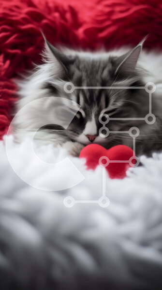 Σετ των 2 Intra Συλλεκτικό Ξύλινο Παζλ Plywood  4mm - Γκρι και άσπρη γάτα που κοιμάται σε μαξιλάρι σε σχήμα καρδιάς Σε Ξύλινο Κουτί - Διαστάσεις: 10x10 cm – 25 κομμάτια