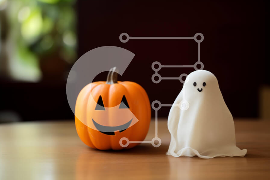 Intra Συλλεκτικό Ξύλινο Παζλ Plywood  4mm - Διακοσμήσεις αποκριών - ειδώλιο φαντασμάτων και κολοκύθα σε ξύλινο τραπέζι Σε Ξύλινο Κουτί - Διαστάσεις Puzzle: 10x10 cm – 25 κομμάτια