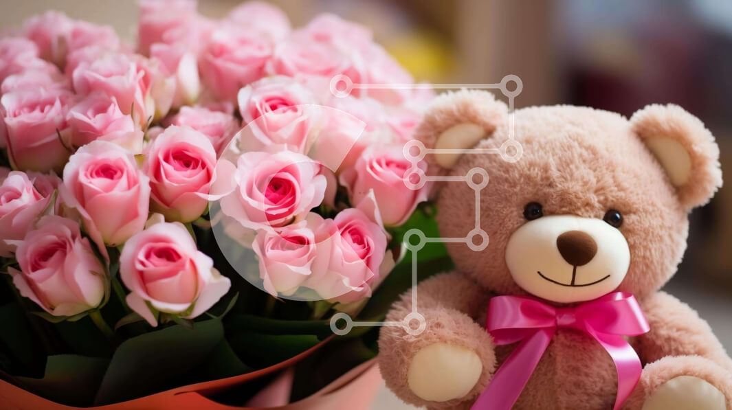 Intra Συλλεκτικό Ξύλινο Παζλ Plywood  4mm - Αρκουδάκι με ροζ τριαντάφυλλα και λουλούδια Σε Ξύλινο Κουτί - Διαστάσεις: 10x10 cm – 25 κομμάτια