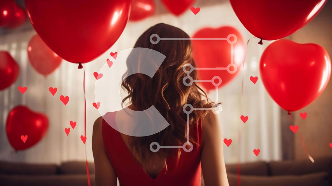 Intra Συλλεκτικό Ξύλινο Παζλ Plywood  4mm - Γυναίκα που γιορτάζει την ημέρα του Αγίου Βαλεντίνου με μπαλόνια σε σχήμα καρδιάς Σε Ξύλινο Κουτί - Διαστάσεις: 10x10 cm – 25 κομμάτια