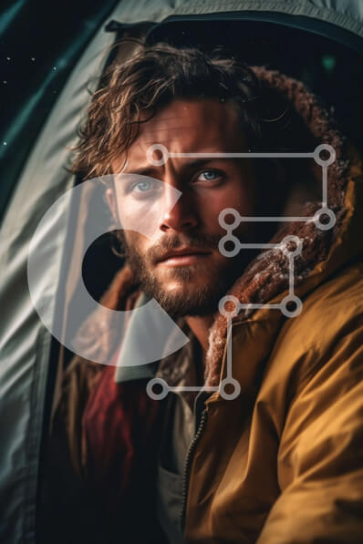 Intra Συλλεκτικό Ξύλινο Παζλ Plywood  4mm - Σοβαρός άνδρας με κίτρινο μπουφάν μπροστά από τη σκηνή Σε Ξύλινο Κουτί - Διαστάσεις Puzzle: 10x10 cm – 25 κομμάτια