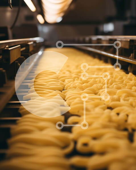 Intra Συλλεκτικό Ξύλινο Παζλ Plywood  4mm - Κίτρινα νουντλς ζυμαρικών σε μεταφορική ταινία στη γραμμή παραγωγής Σε Ξύλινο Κουτί - Διαστάσεις Puzzle: 10x10 cm – 25 κομμάτια