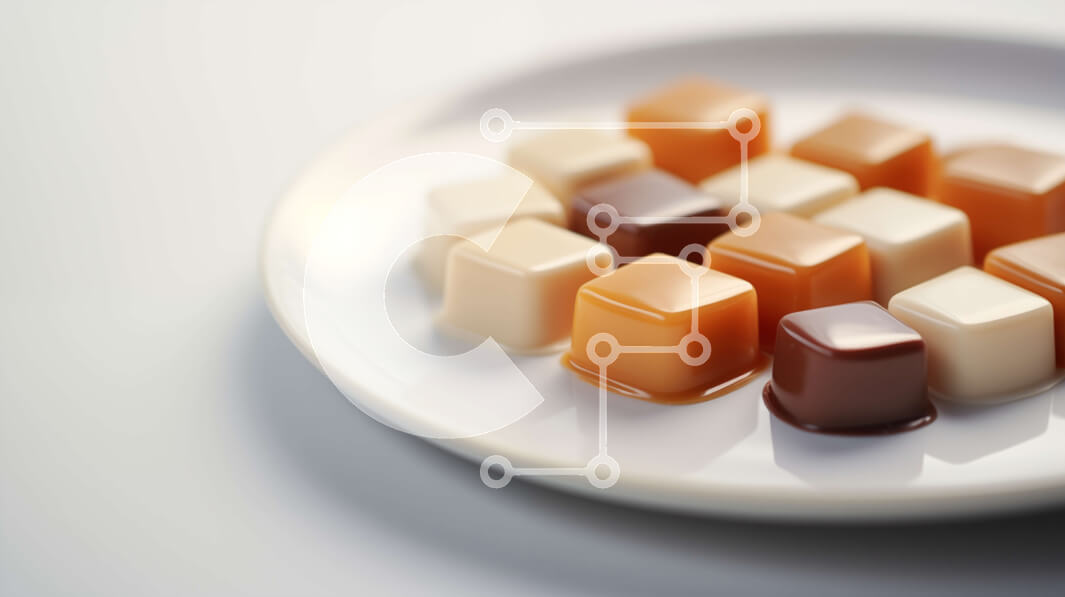 Σετ των 2 Intra Συλλεκτικό Ξύλινο Παζλ Plywood  4mm - Διάφοροι κύβοι καραμέλας σε ένα λευκό πιάτο Σε Ξύλινο Κουτί - Διαστάσεις: 10x10 cm – 25 κομμάτια