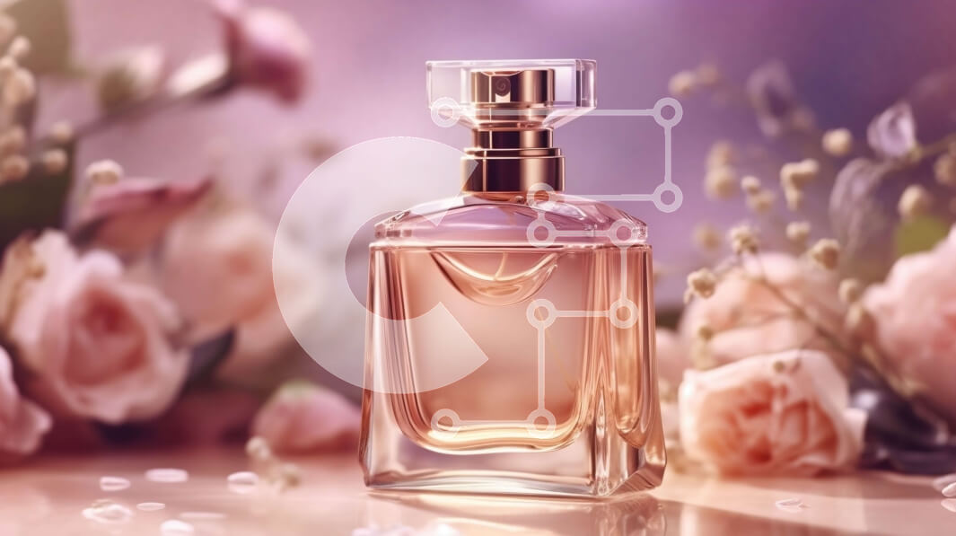 Intra Συλλεκτικό Ξύλινο Παζλ Plywood  4mm - Όμορφο ροζ μπουκάλι αρώματος με κομψή ετικέτα και λουλούδια Σε Ξύλινο Κουτί - Διαστάσεις Puzzle: 10x10 cm – 25 κομμάτια