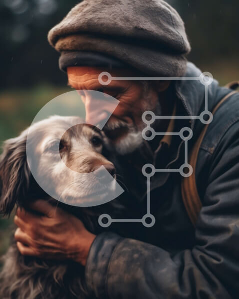 Intra Συλλεκτικό Ξύλινο Παζλ Plywood  4mm - Συγκινητική εικόνα του ηλικιωμένου άνδρα και του σκύλου που αγκαλιάζονται στη φύση Σε Ξύλινο Κουτί - Διαστάσεις Puzzle: 10x10 cm – 25 κομμάτια