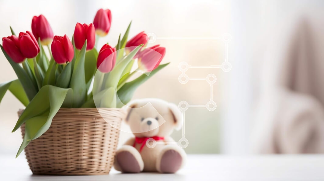 Intra Συλλεκτικό Ξύλινο Παζλ Plywood  4mm - Αρκουδάκι και κόκκινες τουλίπες στο καλάθι Σε Ξύλινο Κουτί - Διαστάσεις Puzzle: 10x10 cm – 25 κομμάτια