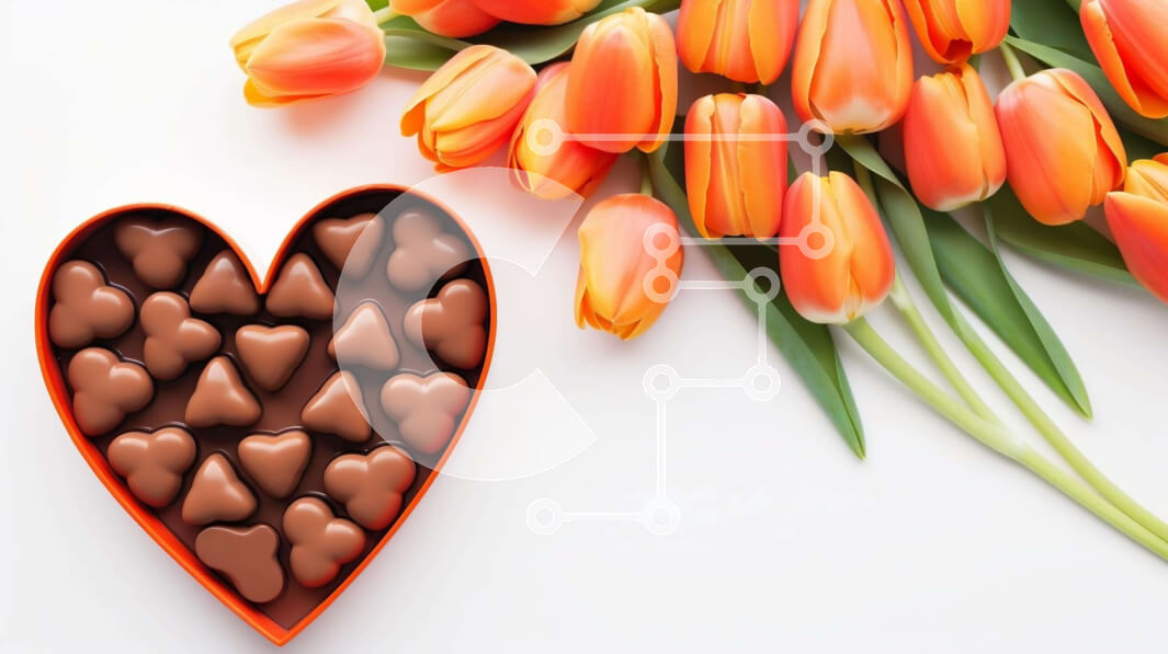 Intra Συλλεκτικό Ξύλινο Παζλ Plywood  4mm - Κουτί σε σχήμα καρδιάς με σοκολάτες και πορτοκαλί τουλίπες Σε Ξύλινο Κουτί - Διαστάσεις: 10x10 cm – 25 κομμάτια