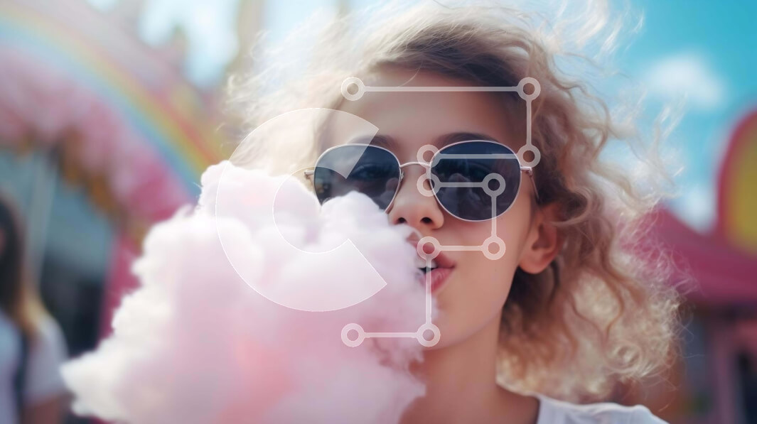 Intra Συλλεκτικό Ξύλινο Παζλ Plywood  4mm - Νεαρό κορίτσι που φυσάει ροζ μαλλί της γριάς στο λούνα παρκ ή το καρναβάλι Σε Ξύλινο Κουτί - Διαστάσεις Puzzle: 10x10 cm – 25 κομμάτια